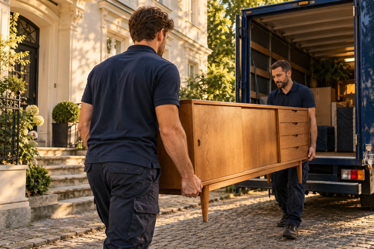 Sorgfältiger Transport eines Holzschranks