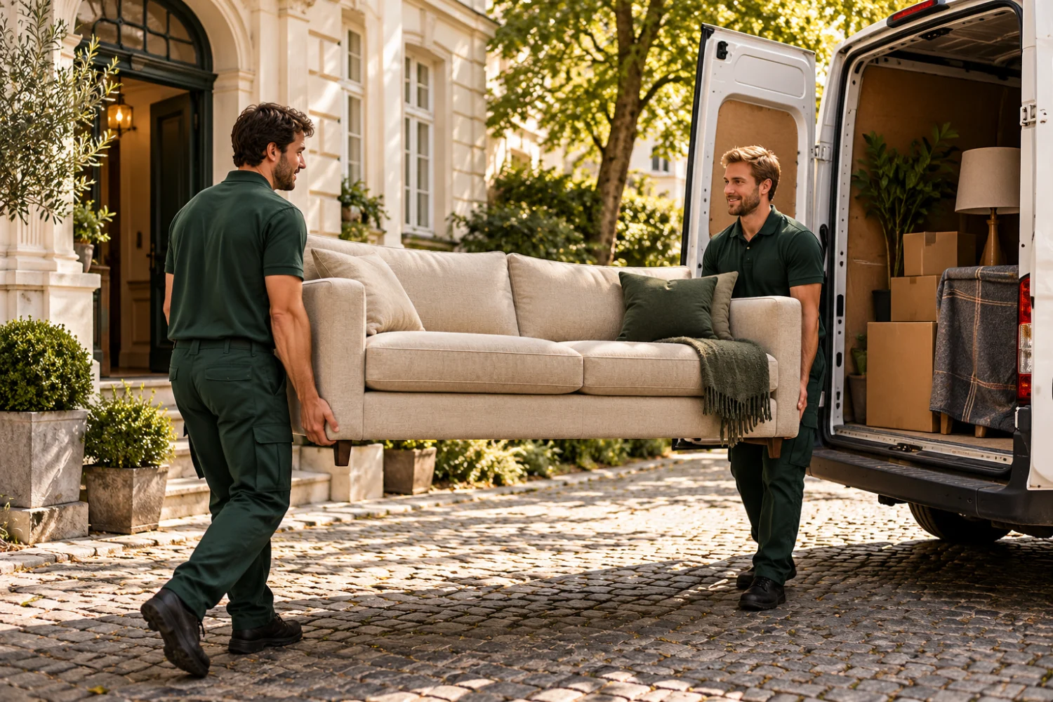 Zwei Möbelpacker tragen ein Sofa zu einem Transporter